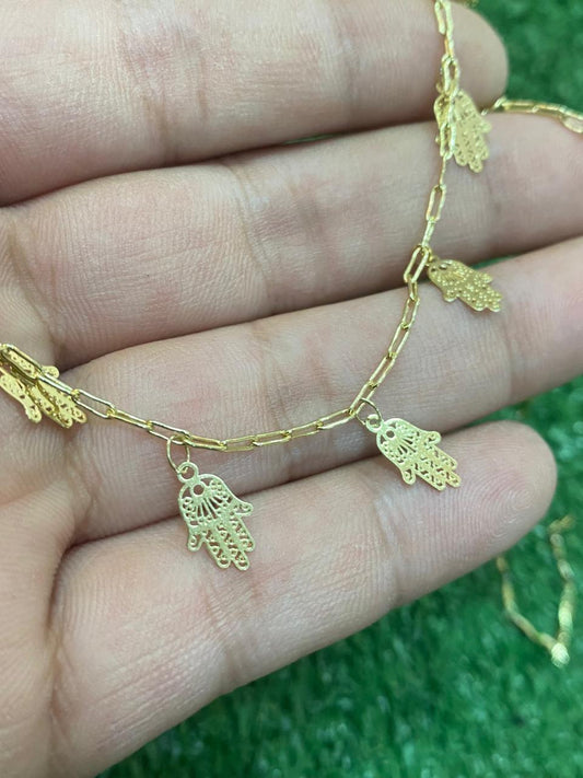Collar de cobre bañado en oro con dijes de mano de Fátima